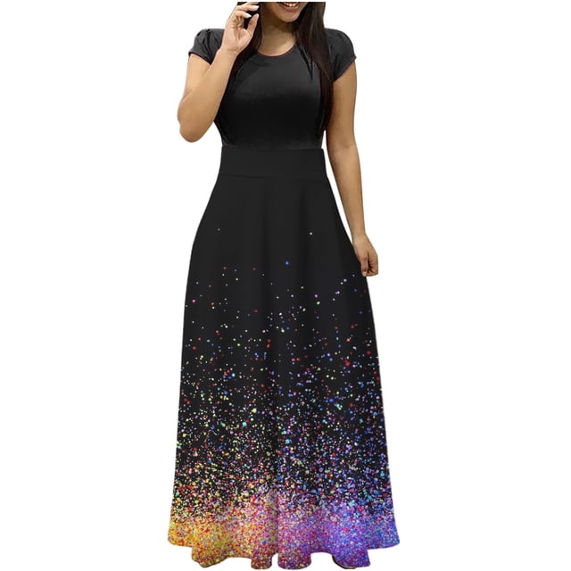 RKSTN Robes d'Été pour Femmes 2023 Mode Été Imprimé Floral Longues Jupes Décontractées Col Rond Manches Courtes Boho Plage Robe Maxi