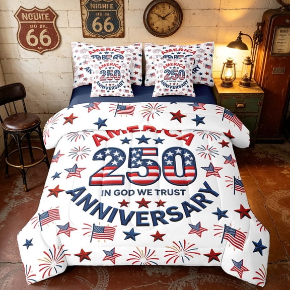 Manfei America 250 Anniversary Twin Bedding, Festival Fireworks Bedding Comforter Set, Red Blue White, Navy Reversible 7pcs