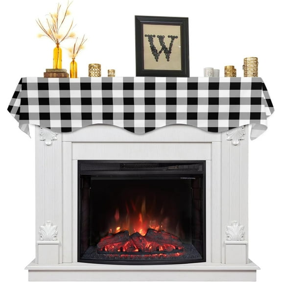 Mantle Scarf 78 x 17 Inch, Black White Buffalo Plaid Fireplace Mantel Scarf Mantel Cover Runner for Home Living Room Indoor Holiday Party Decor