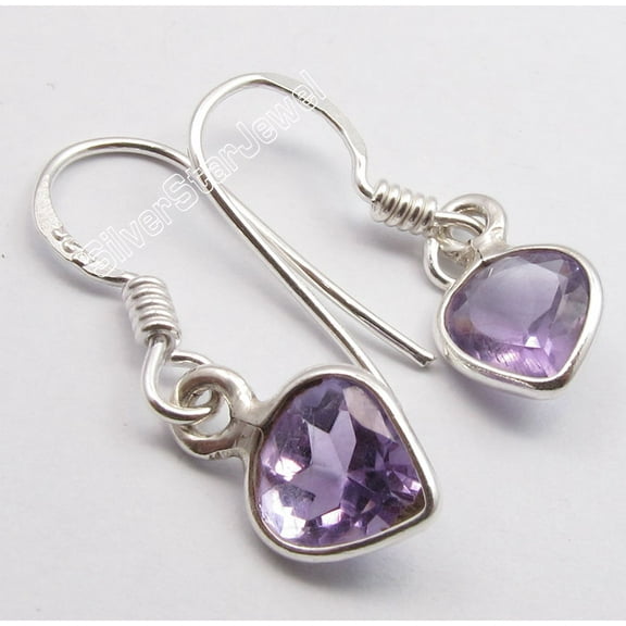 SilverStarJewel 925 Sterling Silver Drop Amethyst Dangling Heart Earrings 2.6 CM Women's Jewelry