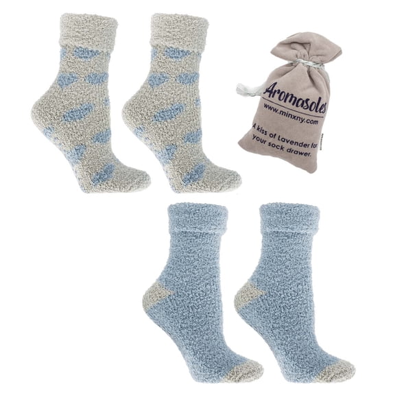 MinxNY Women's Non-Skid Warm Soft and Fuzzy Lavender Infused 2-Pair Pack Slipper Socks with Lavender Sachet Gift, Hearts, Grey & Ballad Blue