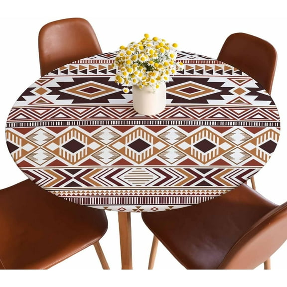 Tribal Ethnic Pattern Round Tablecloth Geometric Traditional Rhombus Triangle Stripes Fitted Table Cover Washable Tablecloths for Kitchen Dining Party 40-44 inch