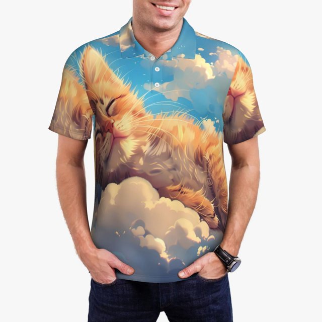 Xecao Cloud Sleeping Cat Pattern Men’s Polo Shirt with Buttoned Collar Soft Breathable Casual Polo Shirt for Work, Leisure, and Outdoor Activities-Large