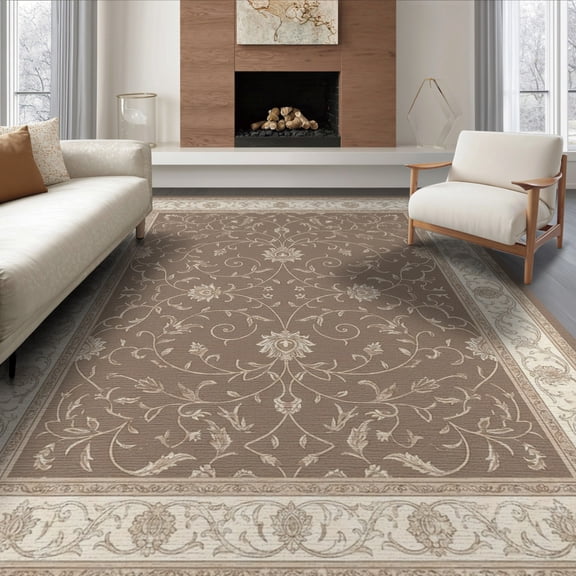 ODIKA 6'x9' Washable Area Rug Non-Slip, Chair-Friendly, Throw Balanced Tan Layout Ornamental Border Entryway Pile for Dining Room, Under Table, Office Décor