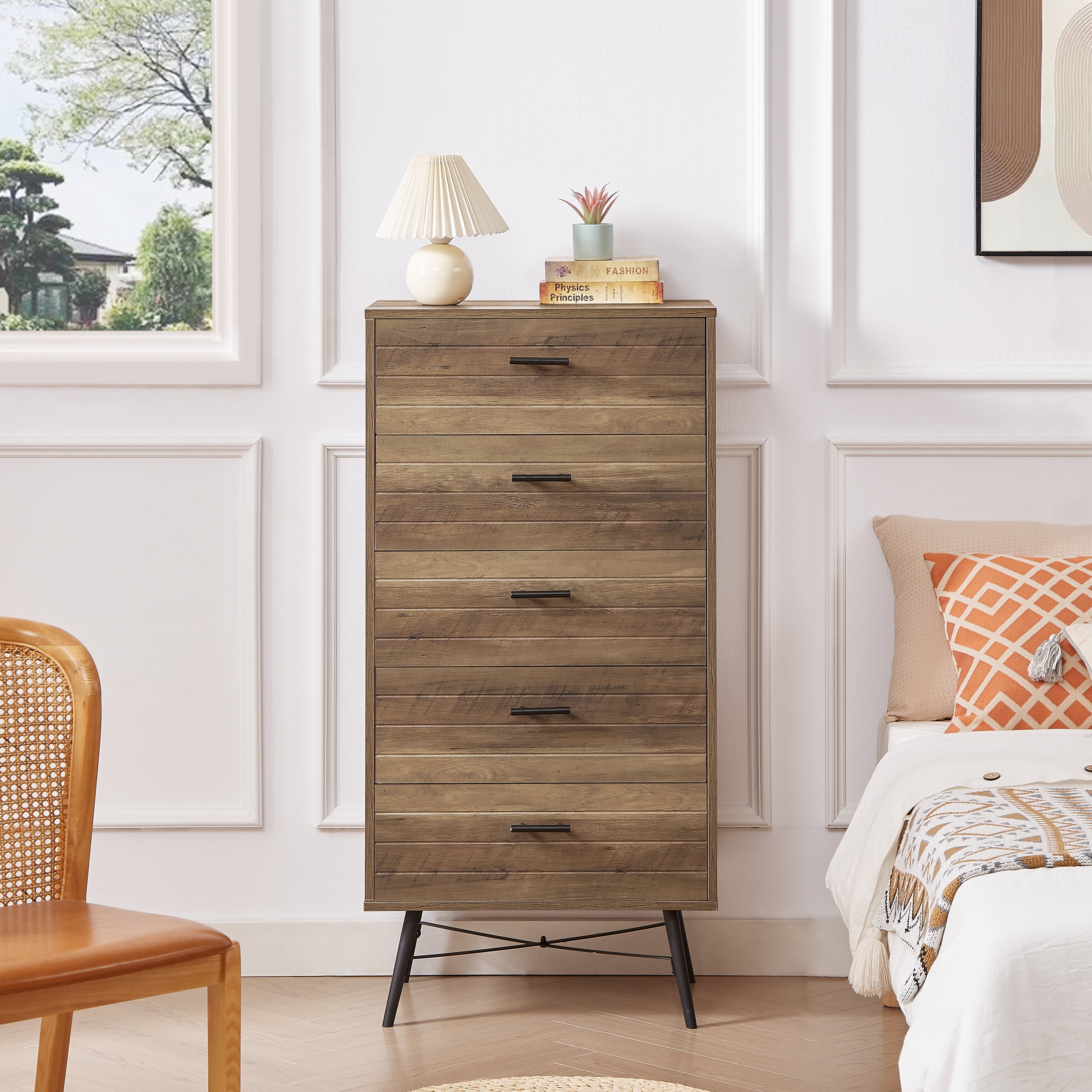 PORKISS 5 Drawer Dresser, Spacious Chest of Drawers, Vertical Dresser, Vintage Dresser Organizer Storage Cabinet for Bedroom, Closet, Hallway, Rustic Walnut