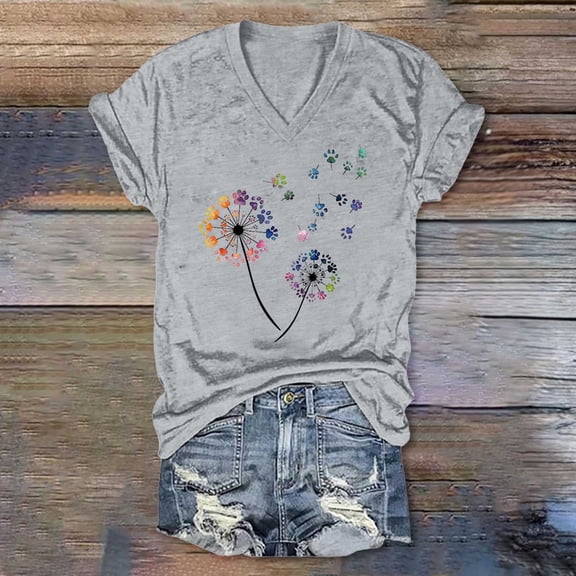 Womens T Shirts Dandelion Print V Neck Short Sleeve Oversized Top Casual Tees for Women Light Gray L