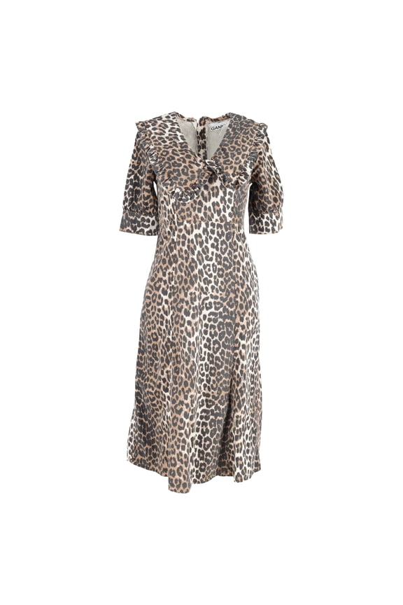 Pre-Owned Ganni Leopard Print Midi Dress in Brown Cotton