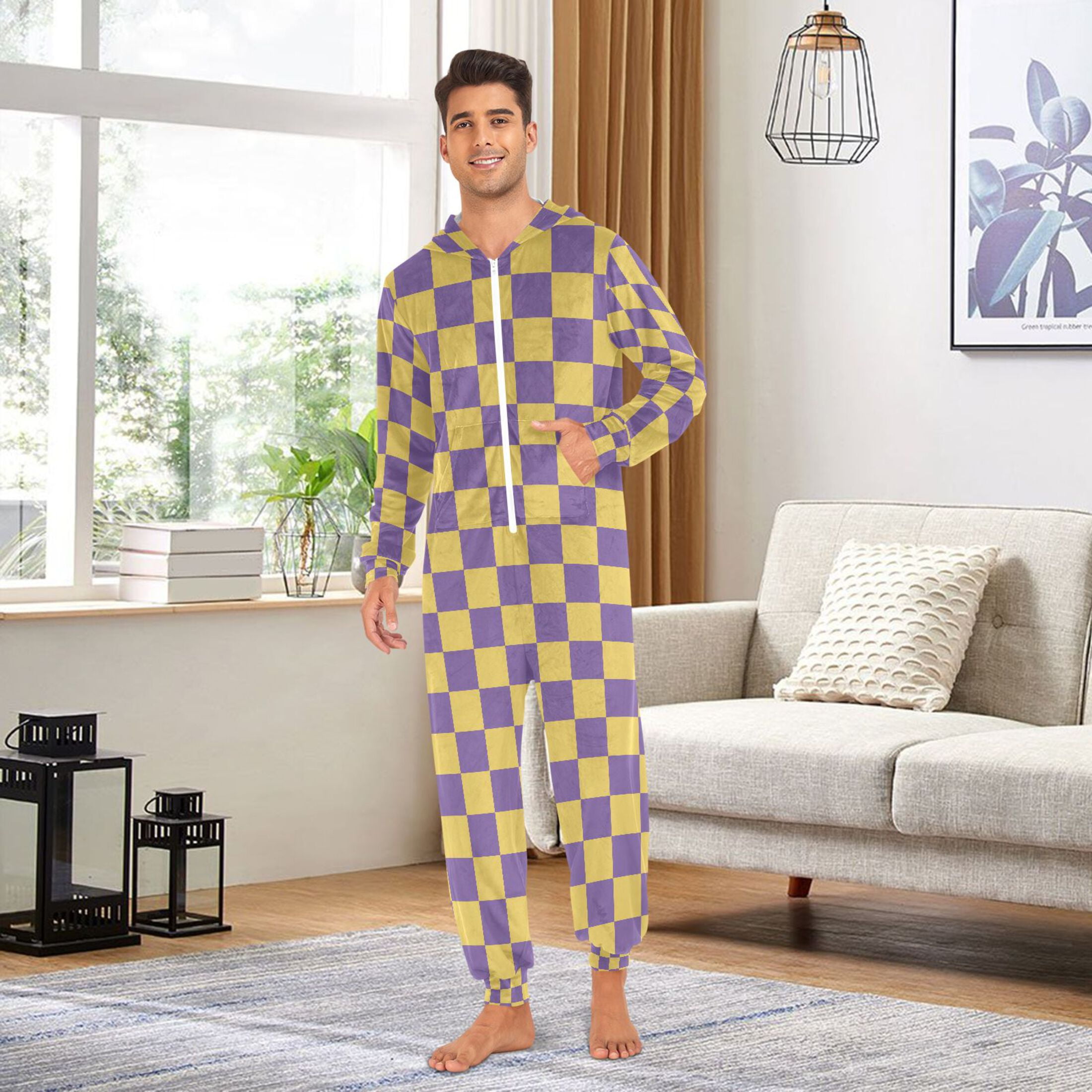 Adult Christmas Onesie Purple Yellow Checked Adult Zipper One-Piece Pajamas Unisex Pajamas with Pockets