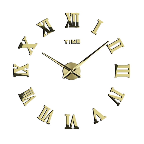 Reloj de pared grande plateado 3D sin marco con dígitos romanos, adhesivo para decoración de pared DIY Oro