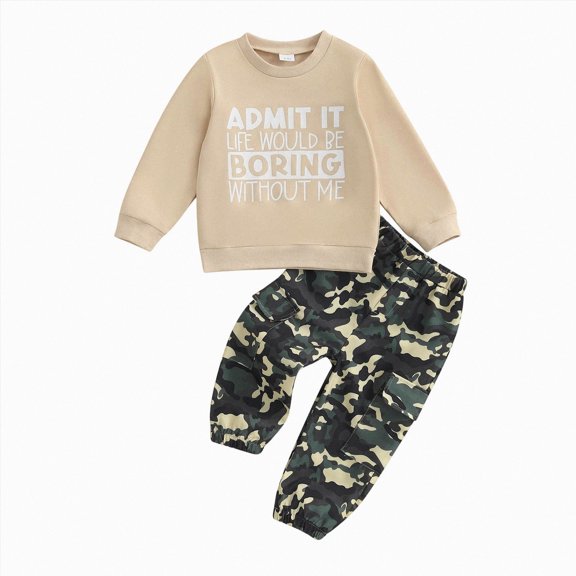 HFHAPW Baby Toddler Boy Clothes Fall Winter Outfit Letter Print Long Sleeve Sweatshirts Pants Set 6 9 12 18 24 Months 3T 4T 5T 6T 7T 8T 9T Boy Clothes(Khaki,5-6 Y)