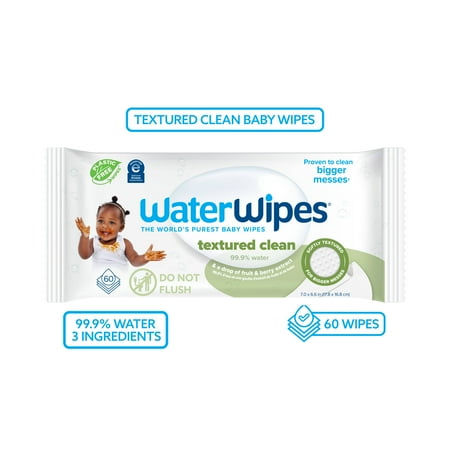 WaterWipes Sensitive+ Baby & Toddler Wipes, 3-In-1 Cleans, Cares, Protects, 99.9% Water, Textured Clean, Unscented & Hypoallergenic, 60 Count (1 Pack)