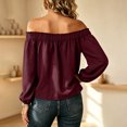 thumbnail image 5 of Tqcoqu Women's Off Shoulder Long Sleeve Cotton Linen Blouse, Elastic Ruffle Neckline Puff Sleeve Casual Solid Top, 5 of 7