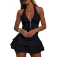 thumbnail image 3 of Womens 3 Piece Swim Suit, Textured Strap Backless Top Ruffled Skirt Bikini Bottom, Summer Travel Swimwear Black Womens Bikinis M, 3 of 8