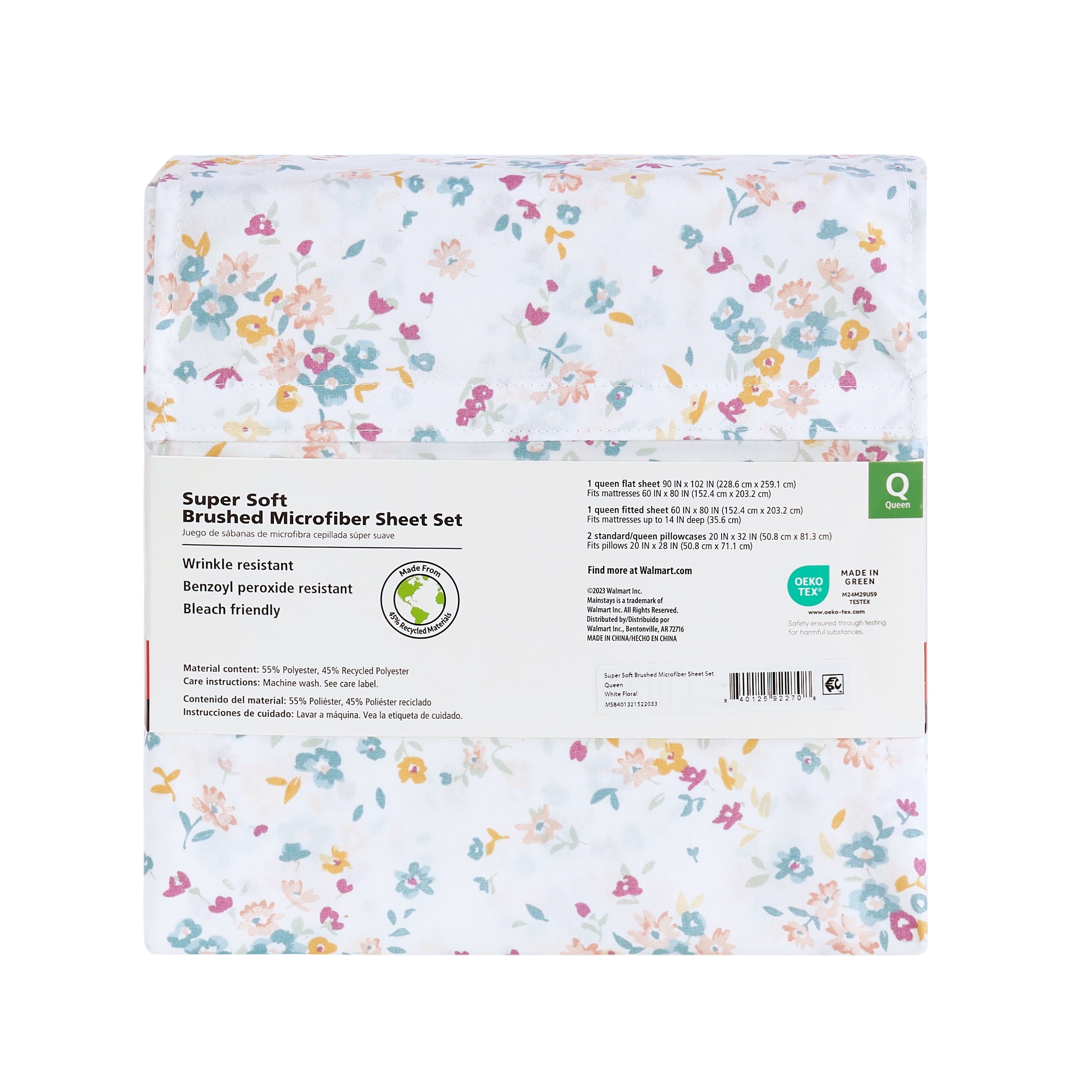 Mainstays Super Soft Brushed Microfiber Bed Sheet Set, King, White Floral, 4 Piece