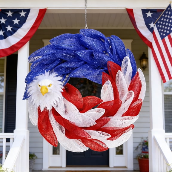 Patriotic Bald Eagle Mesh Wreath, Decorative Front Door Hanging Ornament for 4th Of July, Independence Day Festivals, for Porch/Window/Wall/Home Indoor Outdoor Holiday Decorative Wreath, 16*16in,