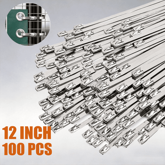 100 Pcs Metal Zip Ties 304 Stainless Steel Zip Ties Heavy Duty Self Locking 220 Pound Tensile Strength Cable Suitable for Exhaust Wrapping Fence Outdoor Workshop Canopy(12 Inch)