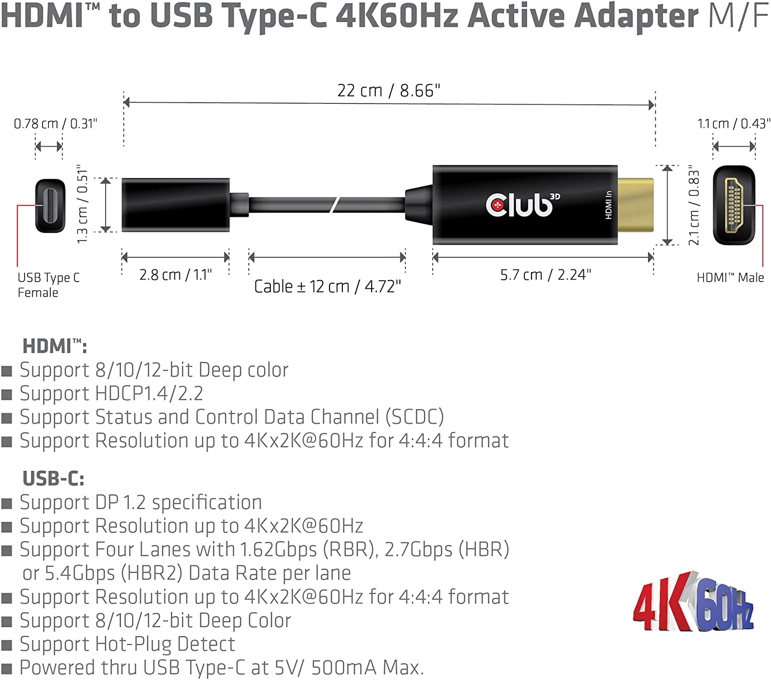 Club3D HDMI to USB Type-C 4K60Hz Active Adapter, Black