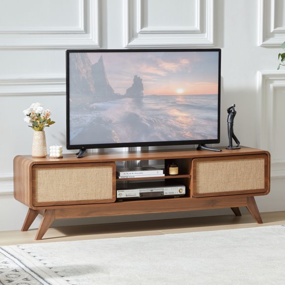 WIRRYTOR Boho TV Stand for 65 inch TV with Linen Sliding Doors, 59" Entertainment Center with Curved Corners, Wood Media Console Table, Walnut
