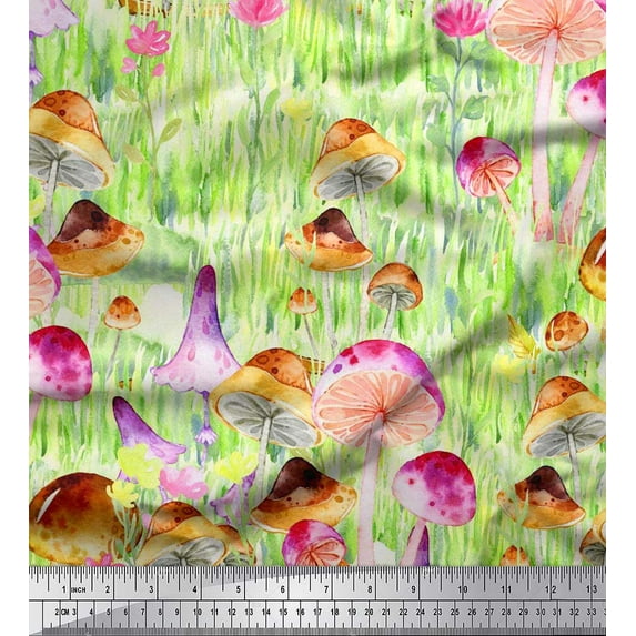 Soimoi Rayon Fabric Leaves,Floral & Mushroom Vegetable Decor Fabric Printed Yard 42 Inch Wide