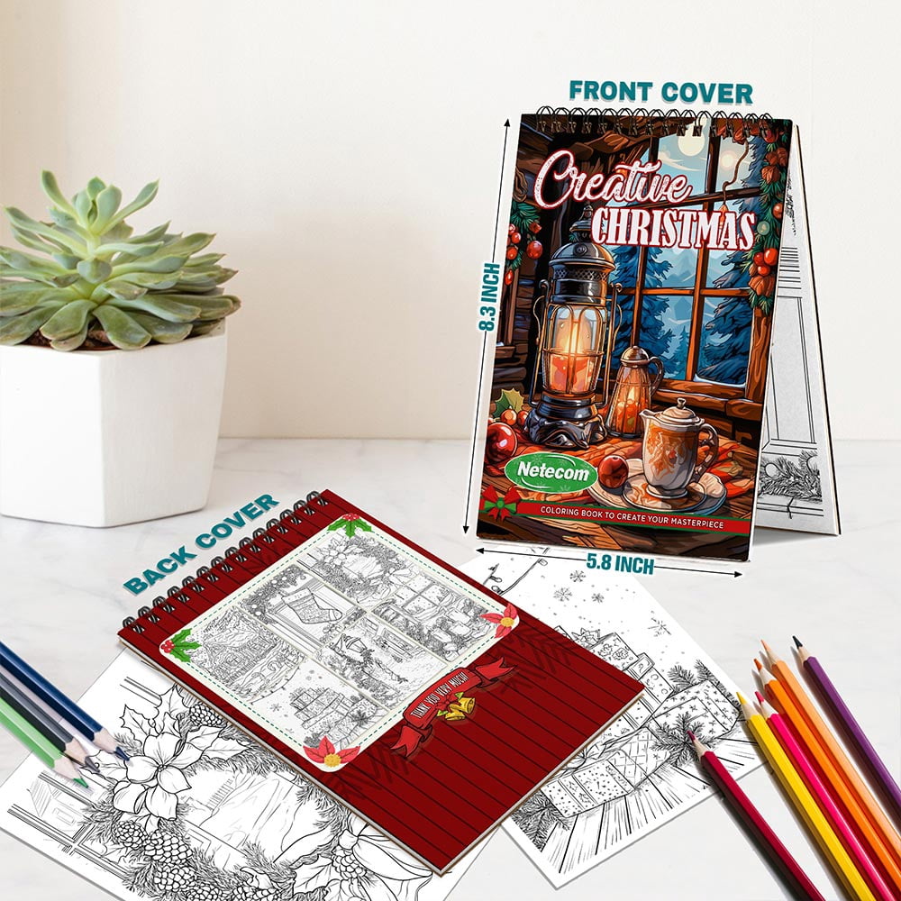 Netecom Creative Christmas Coloring Book Spiral Bound for Adults, A5 Wooden Cover, 30 Delightful Coloring Pages of Holiday Scenes for Stress Relief and Relaxation