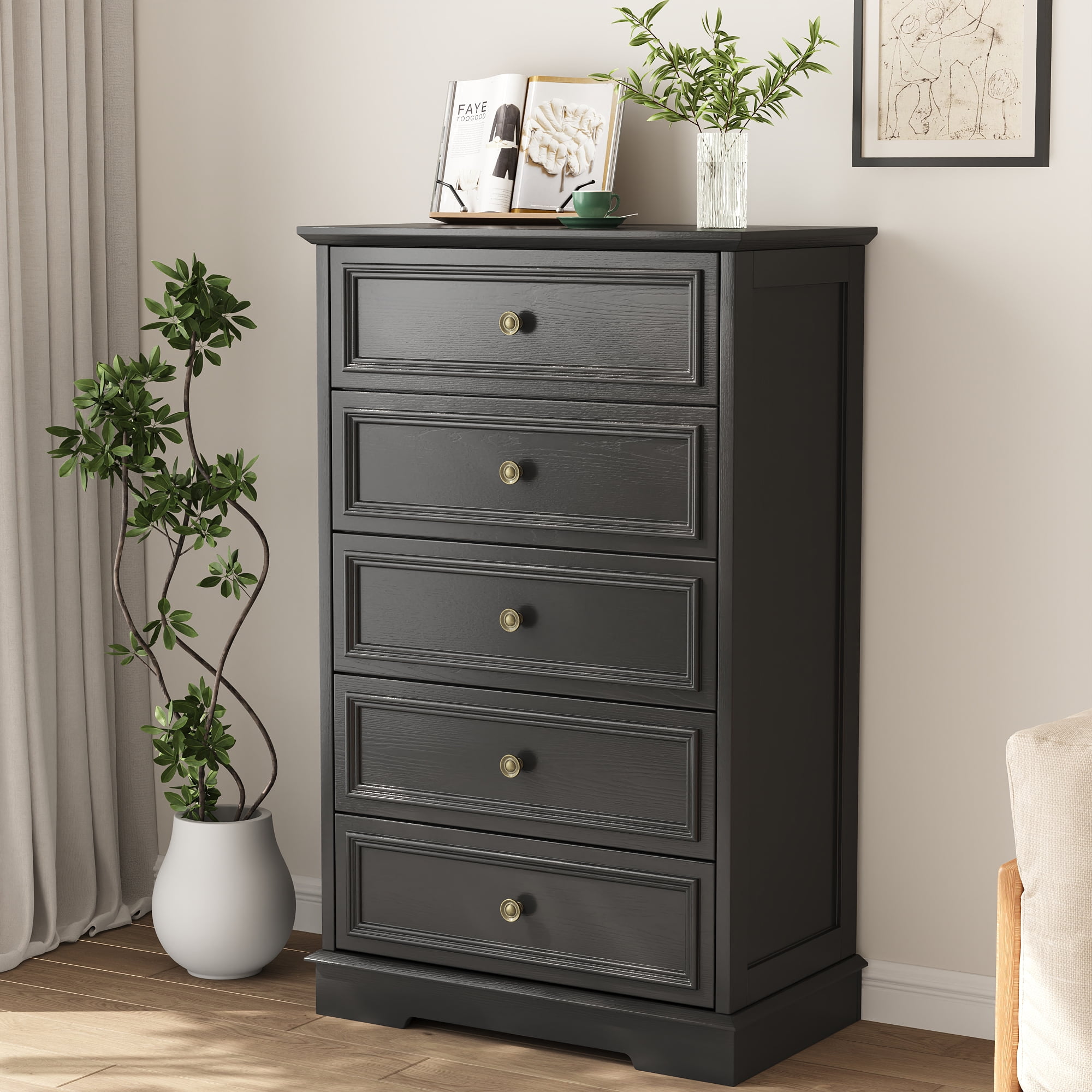 5 Drawer Dresser, Wood Chest of Drawers for Bedroom, Vintage Storage Cabinet Dresser Organizer Unit with Antique Bronze Round Handles for Living Room, Closet, Hallway, Entryway