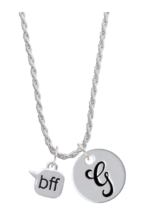 Silvertone Text Chat - bff - Best Friends Forever - Silvertone Script Initial Disc - G - Charm Necklace, 20"+3"