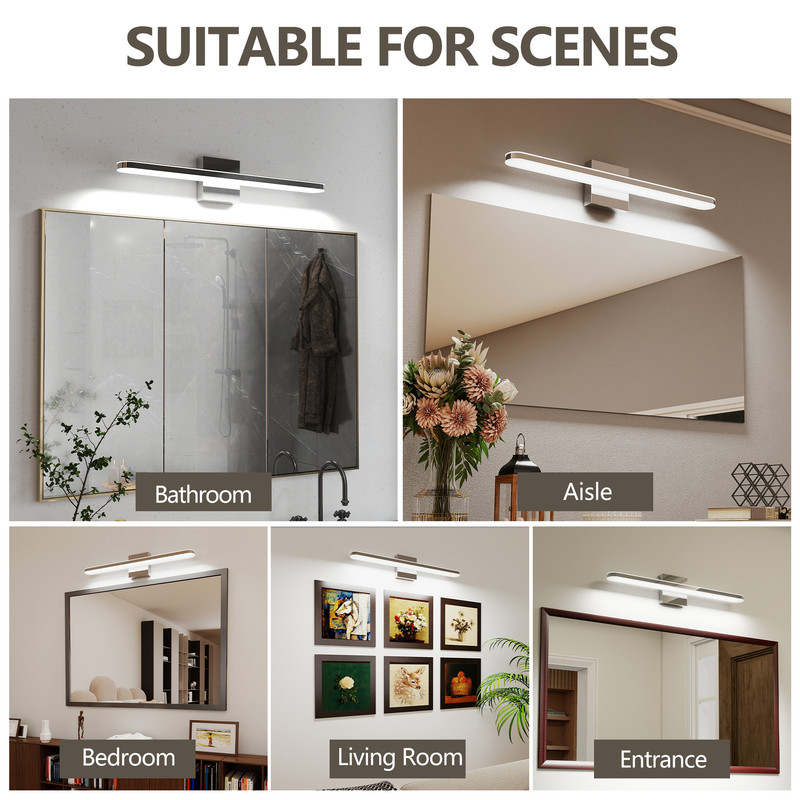 TICOZE 24" Chrome LED Vanity Light Bar - Dimmable 12W Bathroom Light Fixture, Waterproof Over Mirror Lighting for Wall/Sink, 6000K Daylight (23.6"L)
