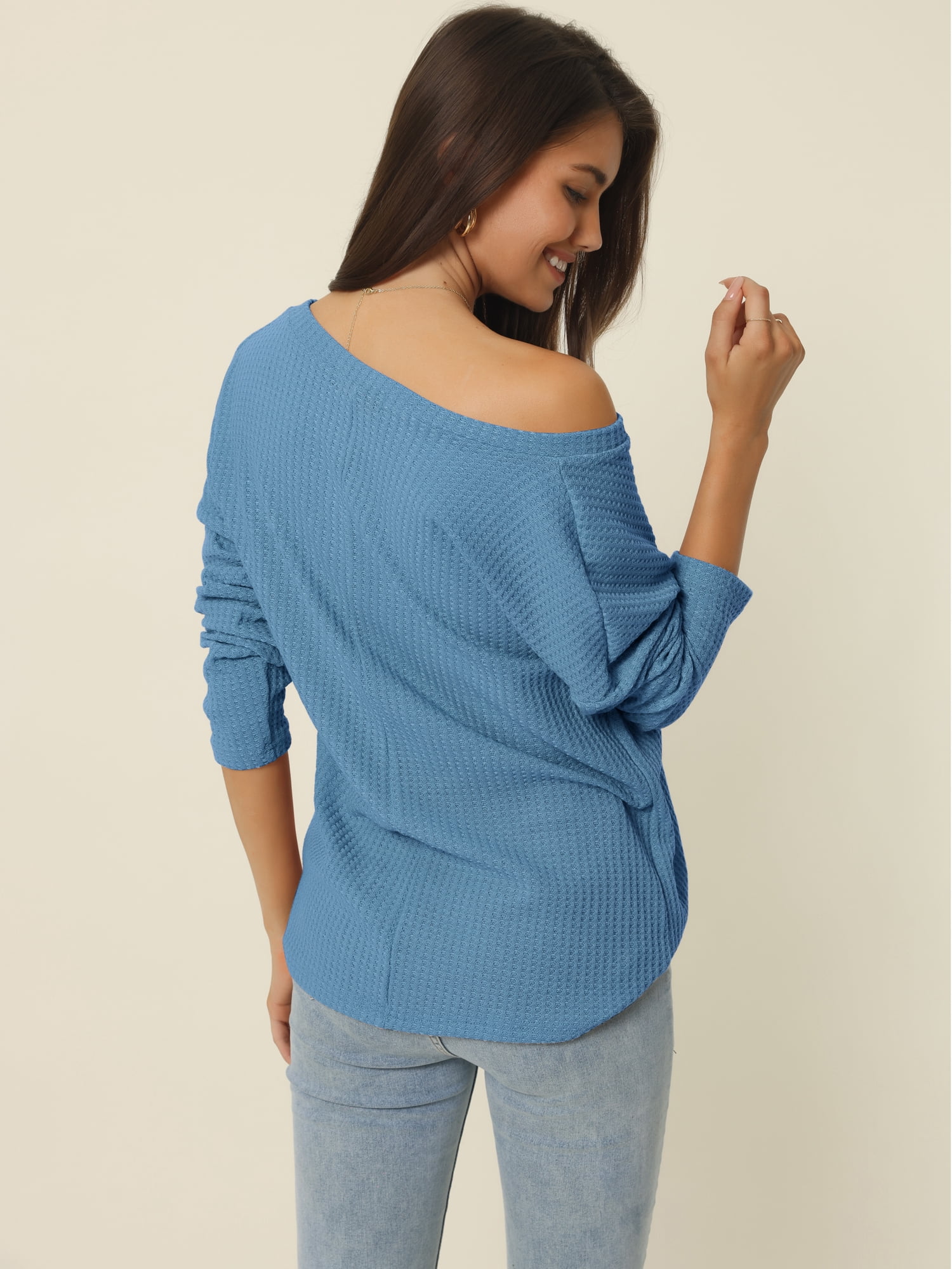 Women's Waffle Knit V Neck Long Sleeve Casual Blouse Lightweight Top M Blue