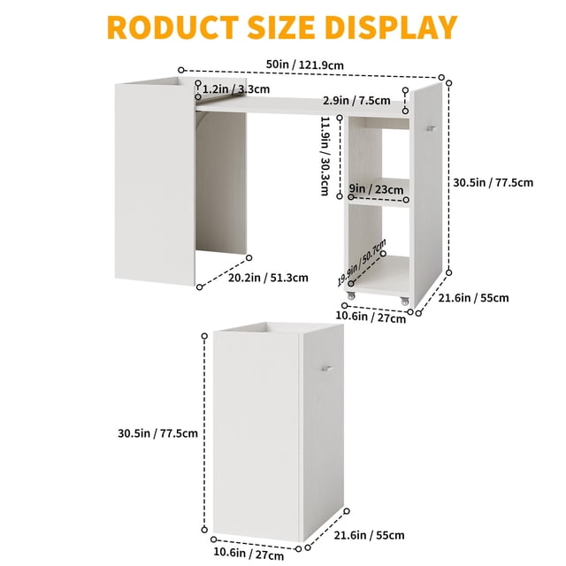 Kojooin Foldable Desk with Wheels and Storage, 50 in Extendable Computer Desk with Shelves and Drawer for Small Spaces