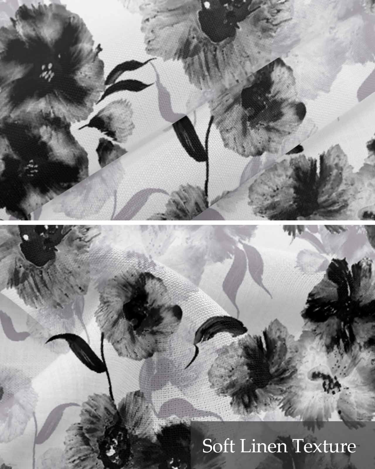 Black Grey Flower Linen Curtain Valance for Bedroom/Bathroom/Kitchen/Office/Living/Dining Room Windows, Watercolor Blossom Botanical Plant Rod Pocket Topper Decorative Cafe Drapes Panel 42"x18"