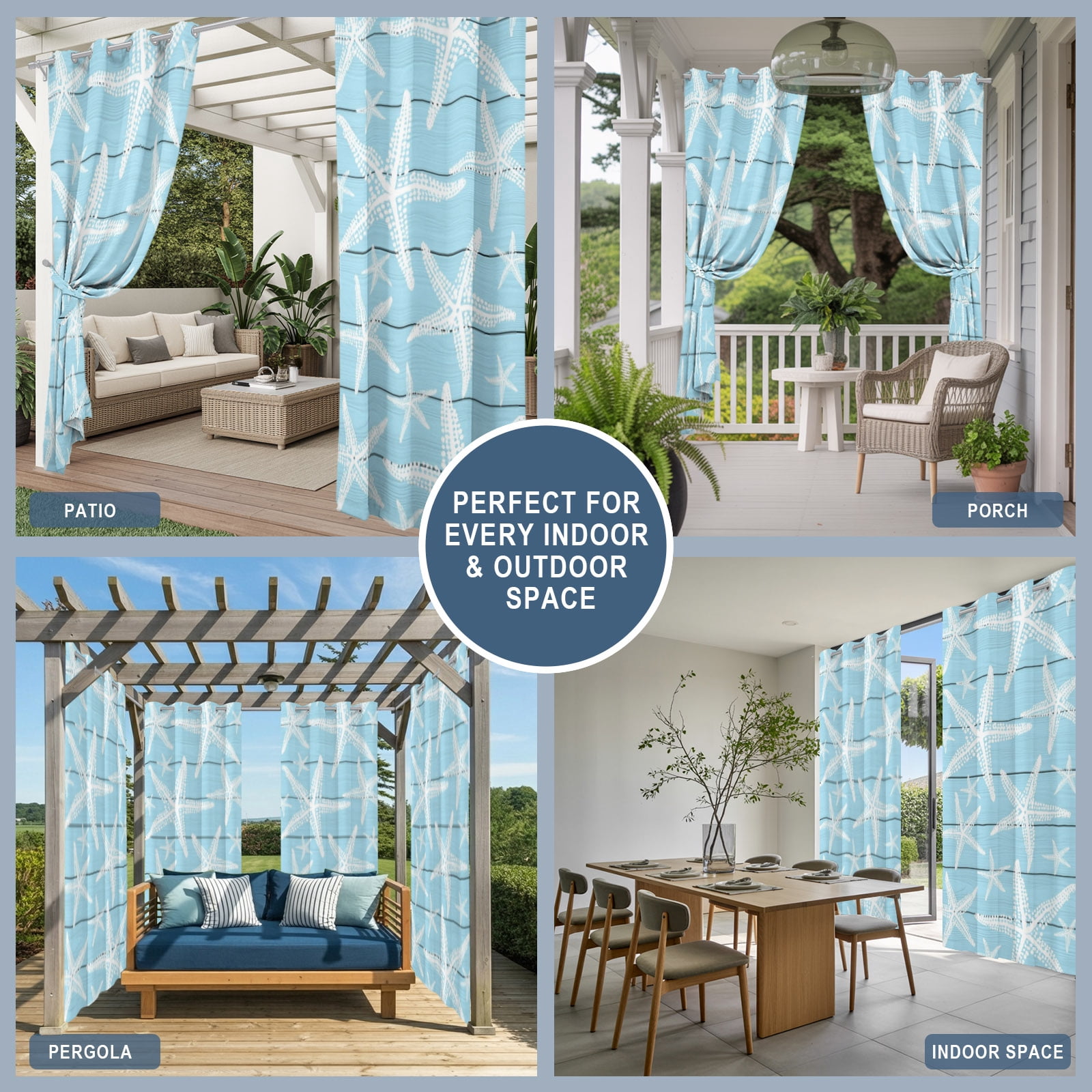 Coastal Light Blue Starfish Outdoor Curtains for Patio, Nautical Ocean Summer Minimalist Wood Grain Sunshade Privacy Drapes Grommet Waterproof Outside Curtains for Porch Balcony 54"x108", 1 Panel