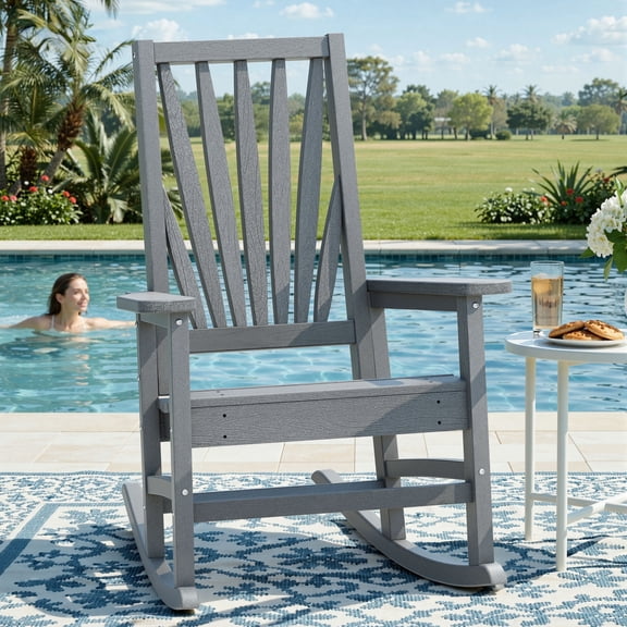 Uforic Outdoor Rocking Chair, Patio Rocker with Windsor Backrest & Wide Armrests, 30° Rocking Motion, Outdoor Rocker for Porch, Balcony, Garden Seating, Gray