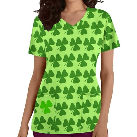 

Shamrock Scrub Tops for Women Casual Short Sleeve St. Patrick s Day T-Shirt Nurse Working Uniforms with Pocket