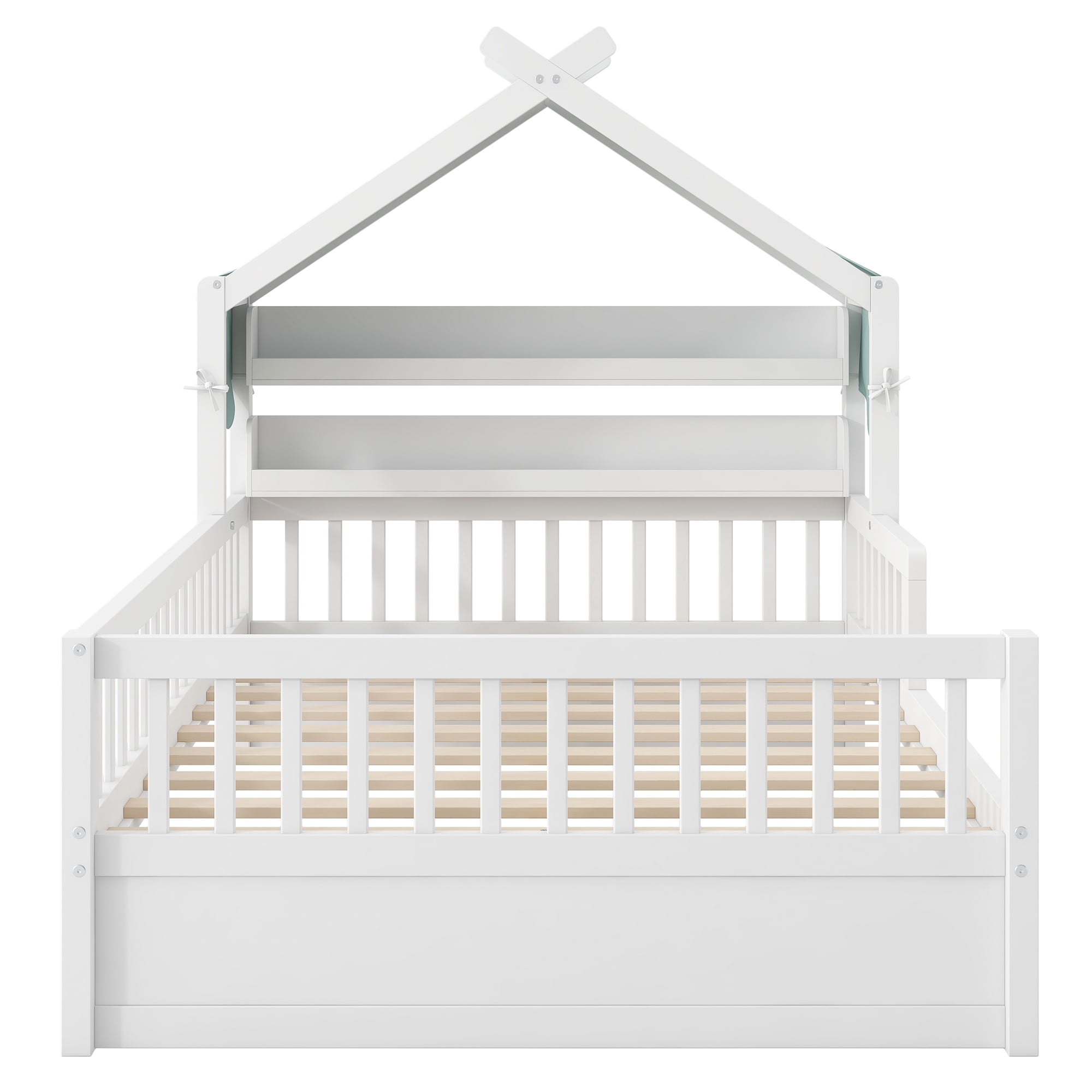 Euroco Wood Twin Size Platform Bed with Storage Headboard and Canopy, White