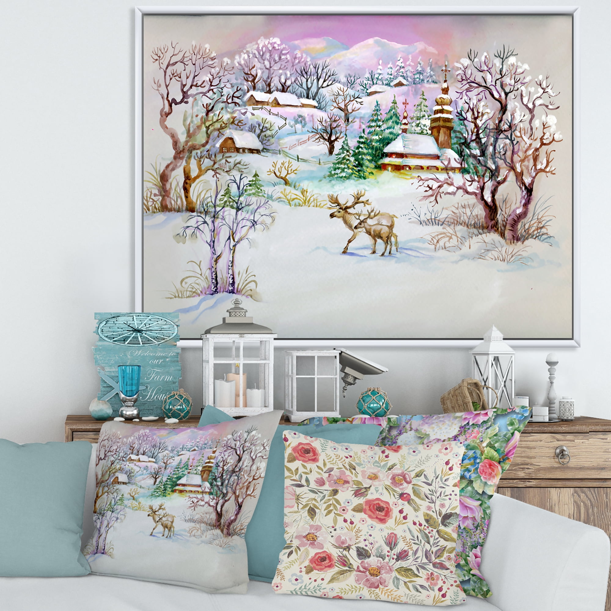 Designart 'Winter VIllage Life Landscape' Traditional Framed Canvas Wall Art Print