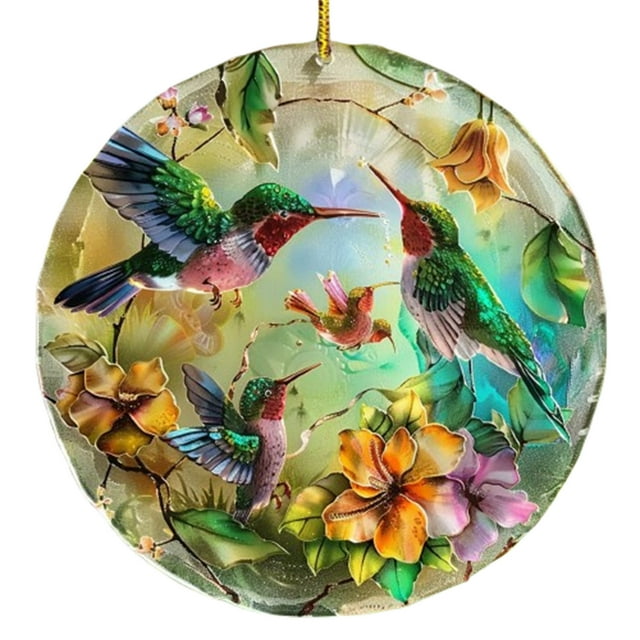 Qaailabf 10cm Stained Glass Hummingbird Suncatcher | Vibrant Window Pendant for Home & Garden | Multicolor Birds with Open Wings Perched on Flower