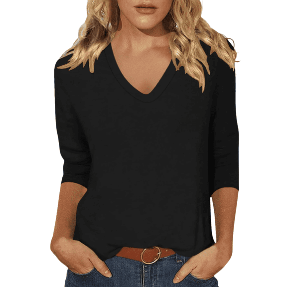 Lixiuxyad Women Basic Tee Women's Casual Loose Neck Printed Three Quarter Sleeve Tops Soft Comfortable Blouse Tee Shirt For Daily Wear Spring Summer Fashion,Black