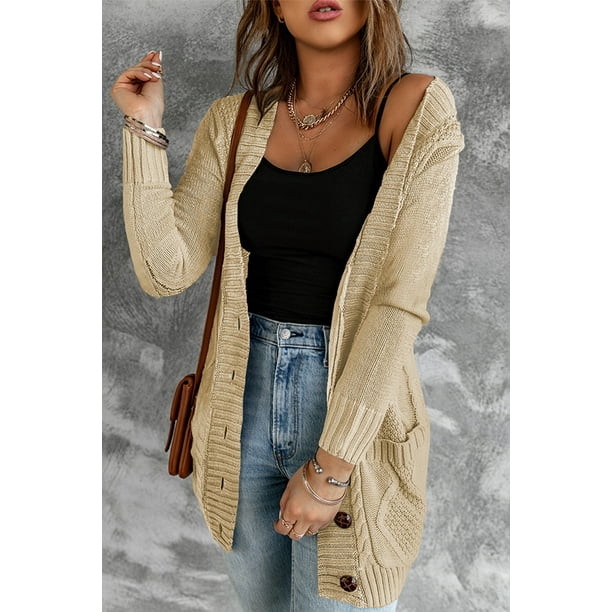 ABPHQTO Cárdigan de Mujer Beige con Bolsillo Delantero y Cierre de Botones