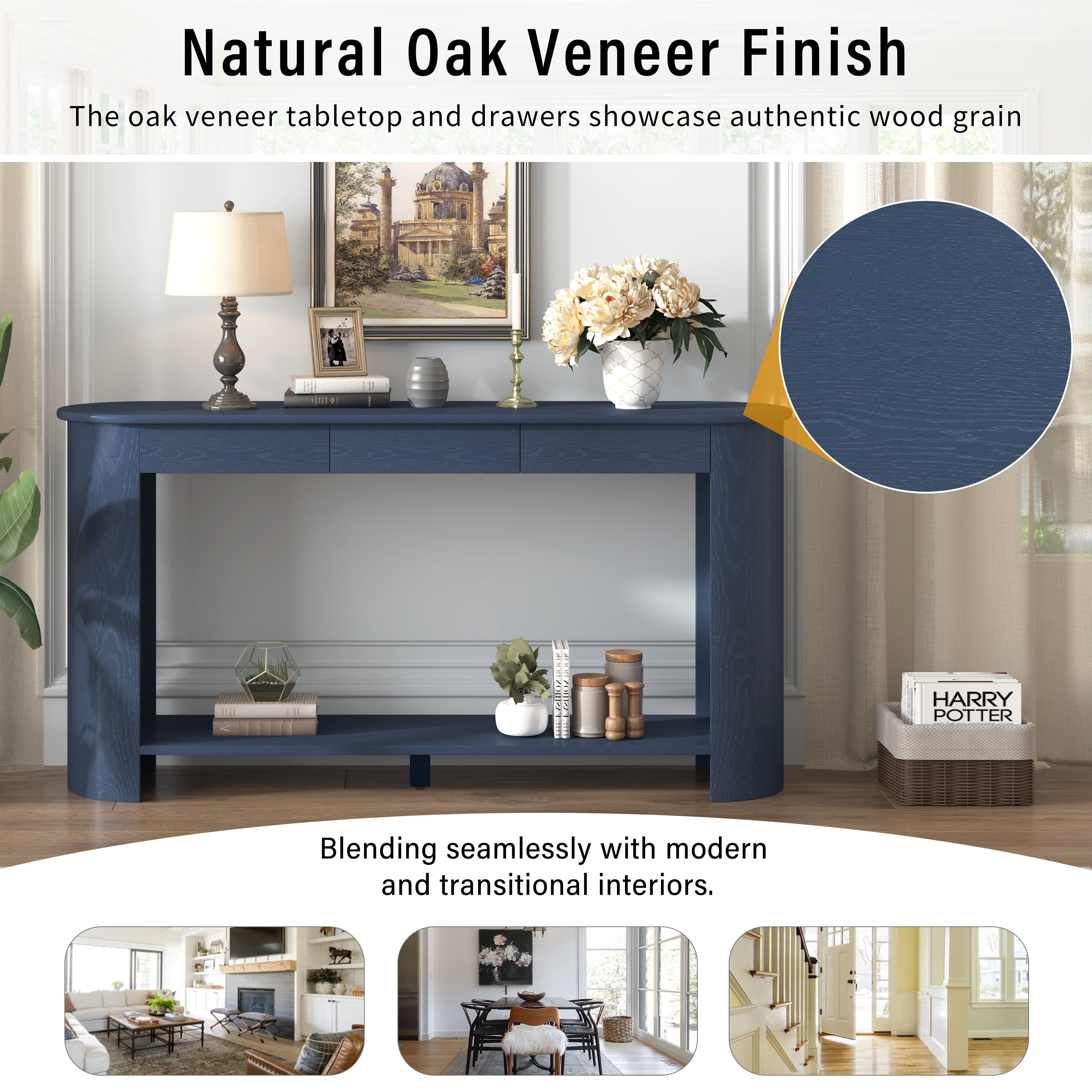 Mintazer 60" Modern Console Table, Entryway Table with 3 Drawers & Open Shelf, Long Sofa Table with Semi-Circular Design for Entryway Living Room, Blue