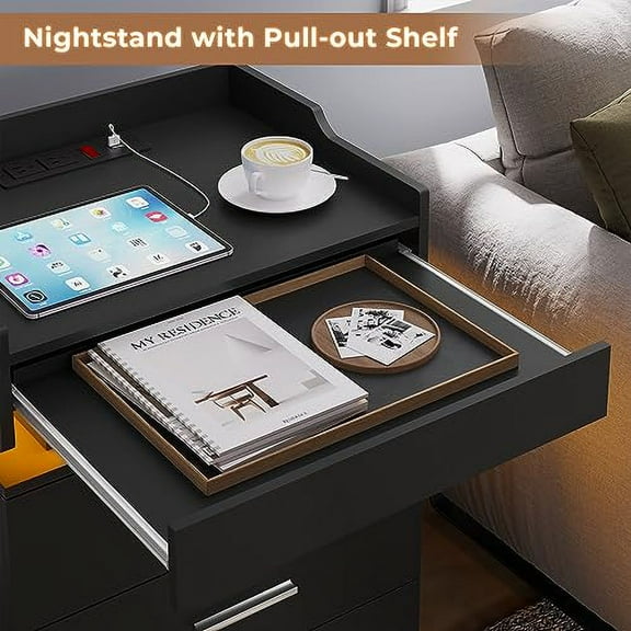 Black Nightstand Set of 2,LED Night Stand with Charging Station & Pull-Out Tray,Bedside Table with Drawers,Modern End Table Side Table Storage Cabniet