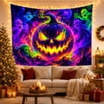 thumbnail image 3 of Glowing Jack O'Lantern with Skull Spirits in Cosmic Smoke, Spooky Psychedelic for Dark Art Lovers, Spooky Wall Art Decor, Halloween Gift Tapestry Wall Hanging for Bedroom and Living Room, 3 of 7