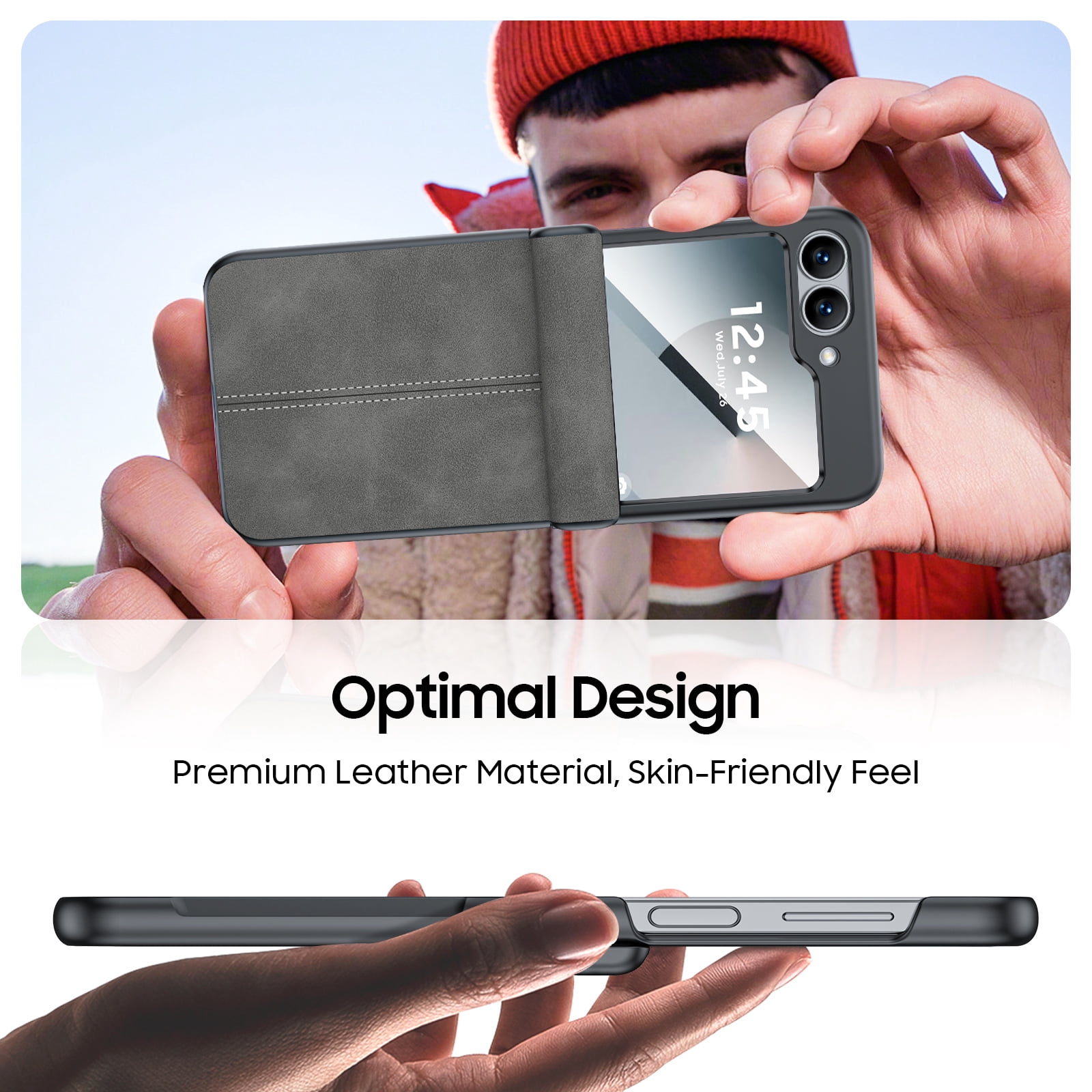 Oupeigar for Samsung Galaxy Z Flip 6/7FE Phone Case,with Hinge Protection & Screen Protection,Ultra Thin Leather Shockproof Cover Case-Gray