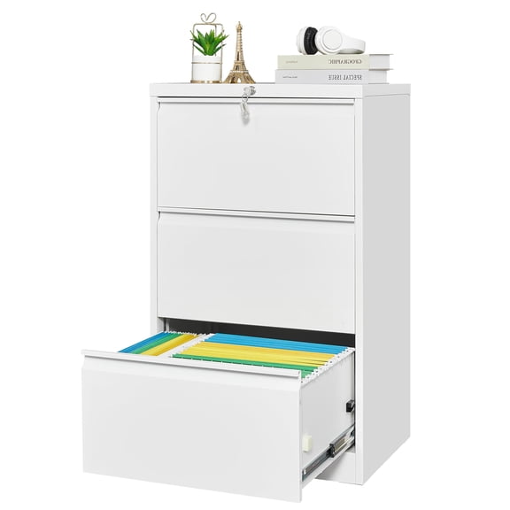 Heavy Duty Lateral File Cabinet with Lock – 3-Drawer Steel Filing Cabinet – Legal/Letter/A4/F4 – Under Desk Organizer – Card Holder Included