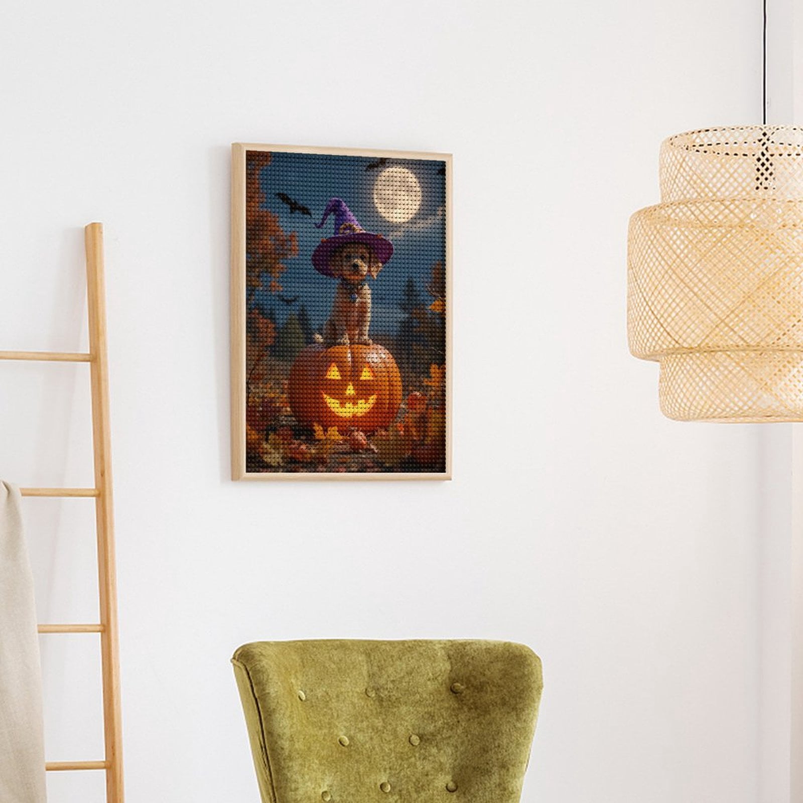 Diamond Art Kits for Adults, Puppy Halloween Pumpkin Moonlit Night 5D Diamond Painting Kits for Adults Beginners, DIY Full Drill Diamond Painting, Gem Art and Crafts 12x16