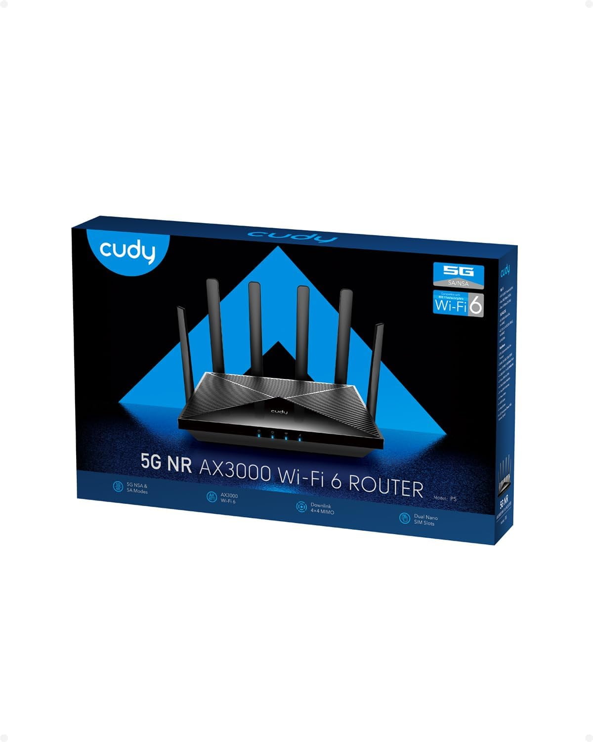Cudy P5 AX3000 5G WiFi 6 Router, Dual SIM Cellular Router with VPN and Detachable Antennas for Home and Travel