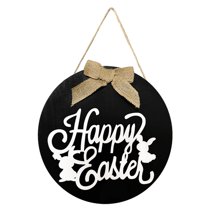 LSLJS Happy Easter Welcome Door Sign, 12"x12" Rustic Wooden Hanging Wall Plaque Sign with Bow & Bunny Pattern Easter Decorations Bunny Wreaths Door Hanger Spring Decor for Outdoor Front Door Porch
