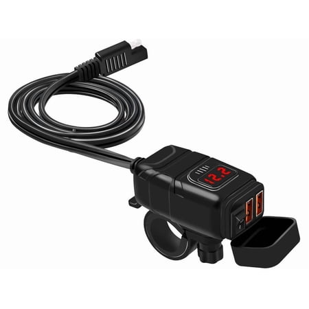 Motorcycle USB Phone Charger Waterproof 6.8A Dual Port QC3.0 Fast Charging Quick Disconnect SAE USB Adapter with Voltmeter ON/Off Switch&Fuse for Phone Tablet