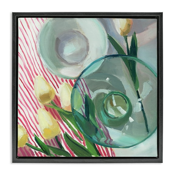 Stupell Industries Glasses & Tulips Still Life Plants & Flowers Painting Black Floater Framed Canvas Art Print Wall Art, 18 x 18