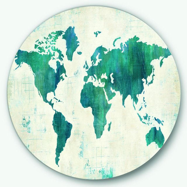 Designart 'Discover the World Map in Blue' Traditional Metal Circle Wall Art