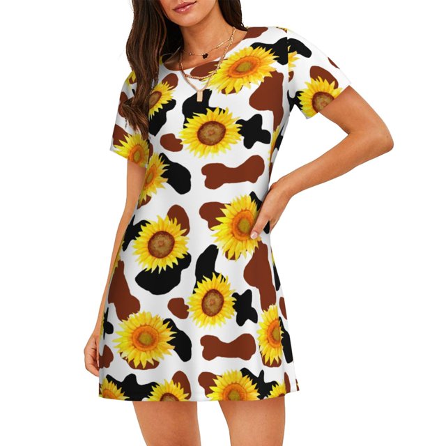 Easygdp Cow Print Sunflower Camisón de manga corta para mujer, informal, estampado